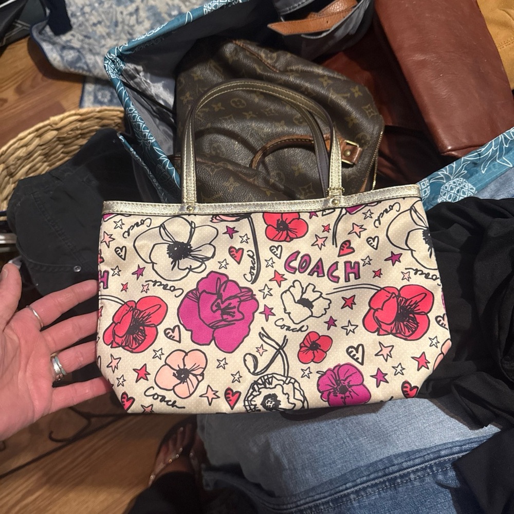 Coach Cream and Pink Floral Shoulder Bag
